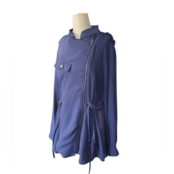 CHICOS Sheer Back Jacket Women's 2 Large Blue Roll Tab Sleeve Full Zip - Picture 3 of 9